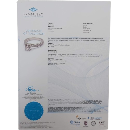 18ct White Gold 17-Stone Diamond Ring – 0.85ct G/SI1 Centre, 0.37ct Accents, Size I – Valued at AUD $14,500