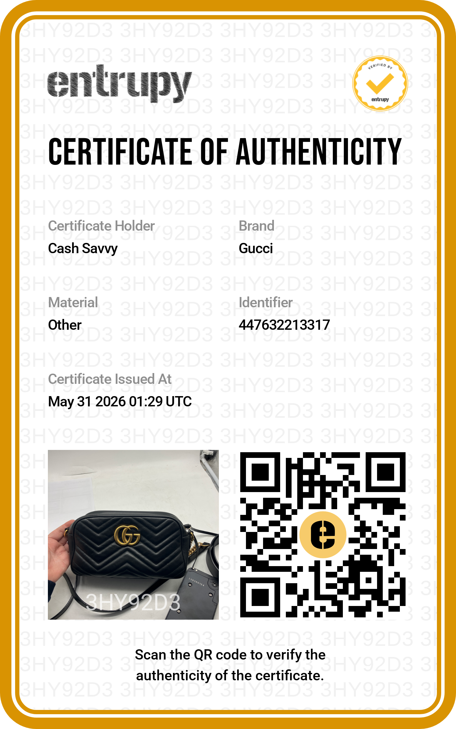 GUCCI Marmont Handbag + Entrupy Certificate (WR: 1409605)