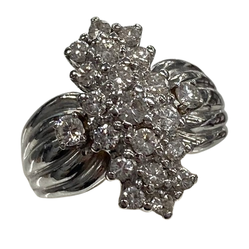 Ladies 9ct White Gold Diamond Cluster with 21 Round Brilliant Cut Diamonds in Shared Claw Settings. TDW 1.07ct. Size P. With Valuation Certificate.