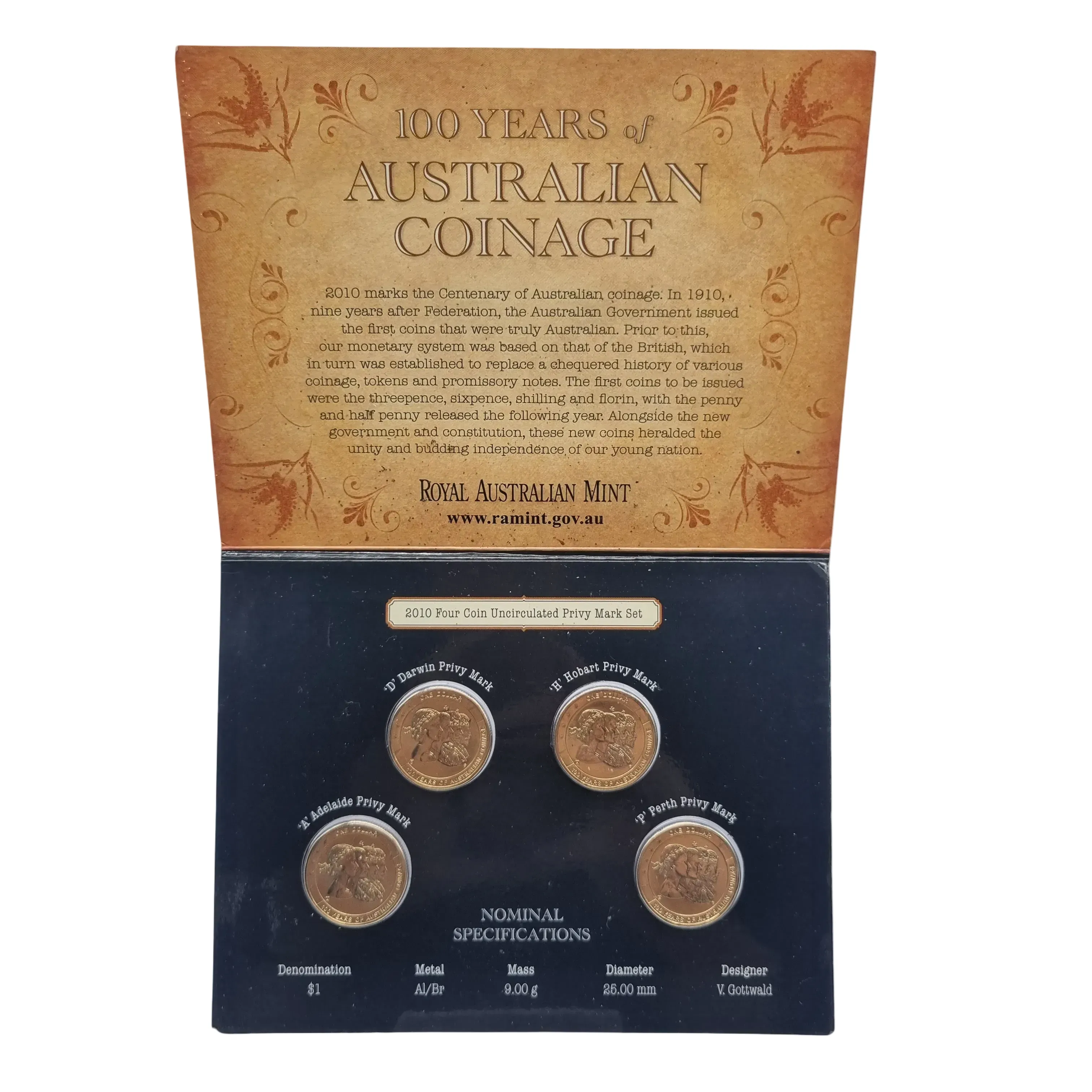 Royal Australian Mint: 2010 100 Years Of Australian Coinage $1 Uncirculated Four Coin Set