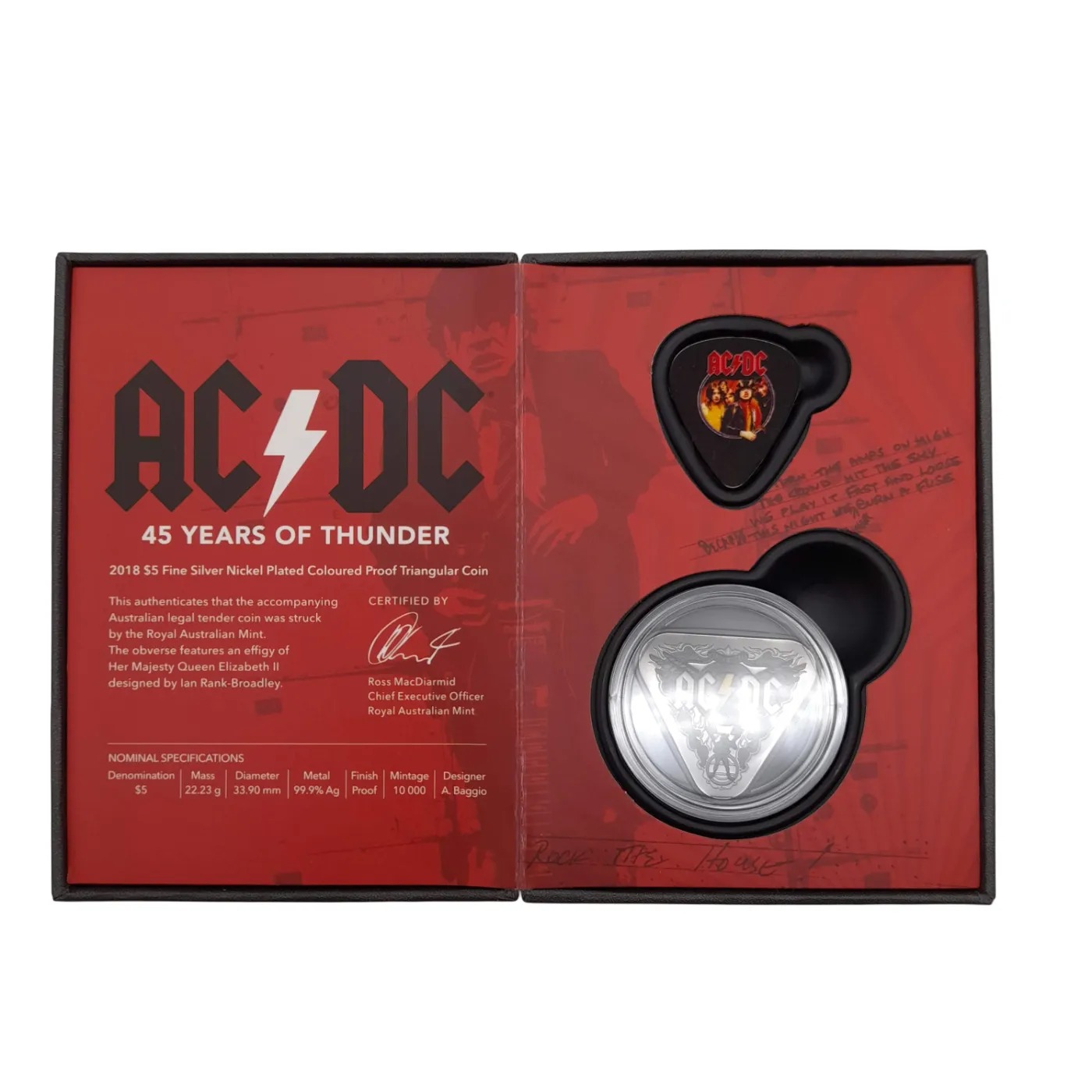 AC/DC 45 Years of Thunder 2018 $5 Fine Silver Nickel Plated Triangular Coin (WL 1409188)