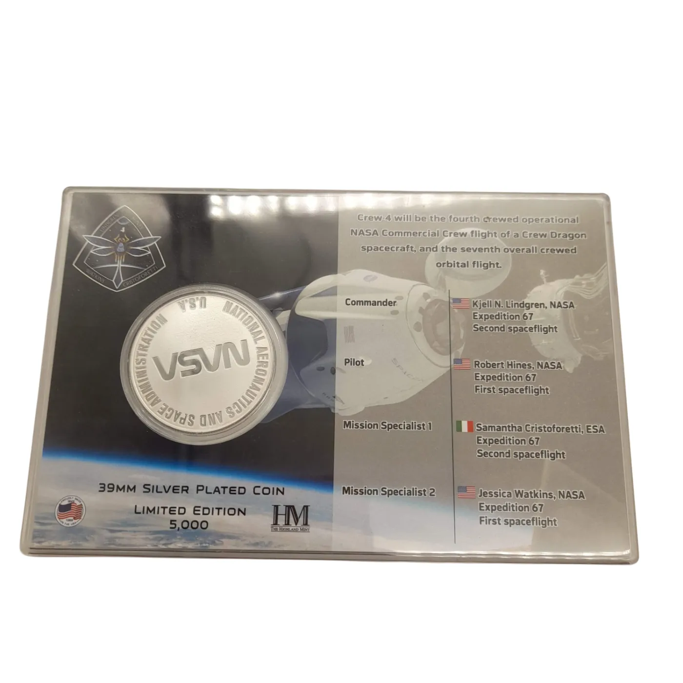 Lindgren Hines NASA SpaceX Crew Silver Plated Coin – 43mm – Limited Edition 5000 (WR1376187)