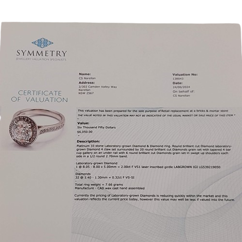 Ladies 18ct Platinum 33 Diamonds & Lab Grown Diamond Ring – LG TDW 2.00ct Diamonds TDW 0.32ct – M 6 With Valuation