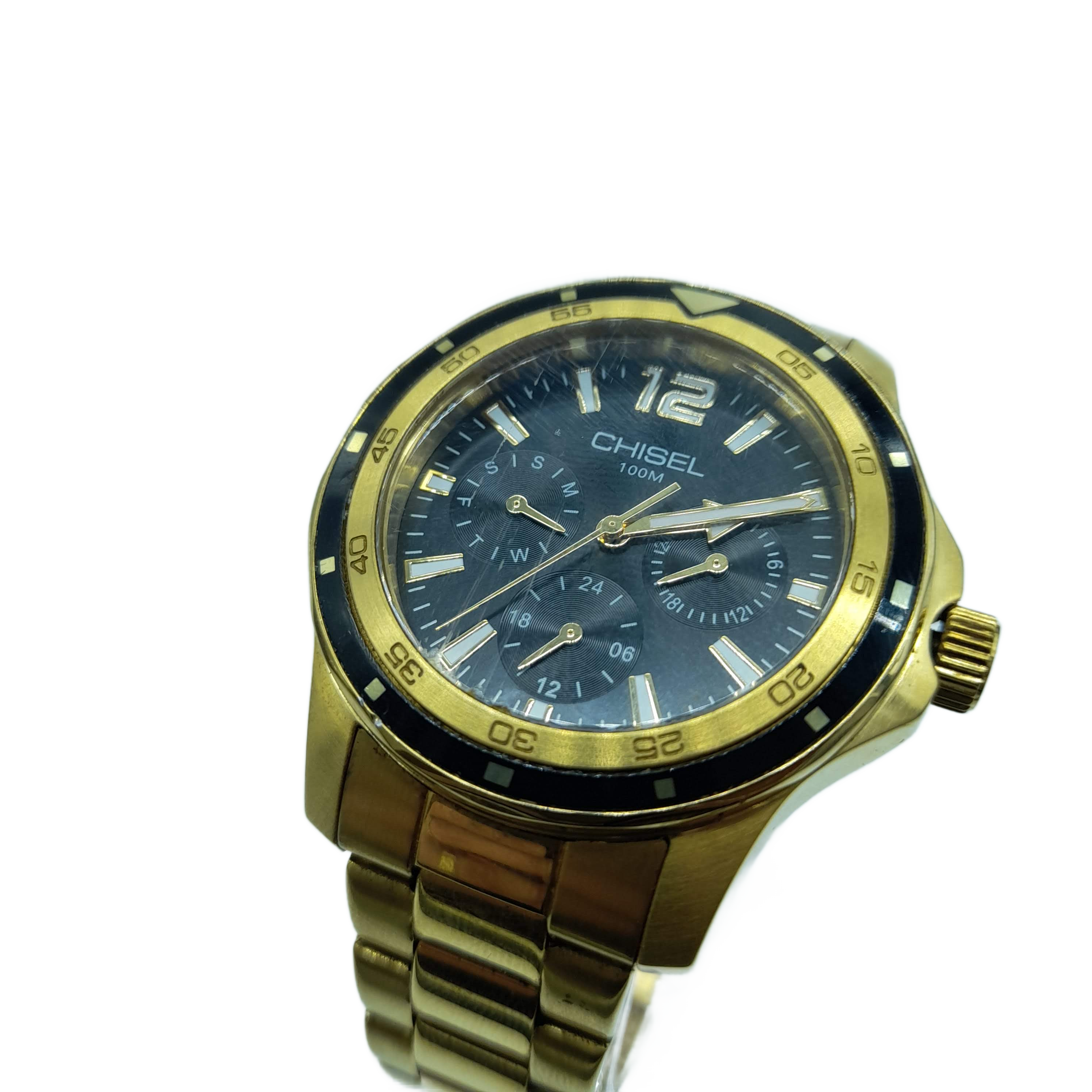 Men’s Chisel Gold Tone Stainless Steel Watch 5829304, Black Dial, Light Scuffing To Edge Of Face, TICKING (GE 1414329)