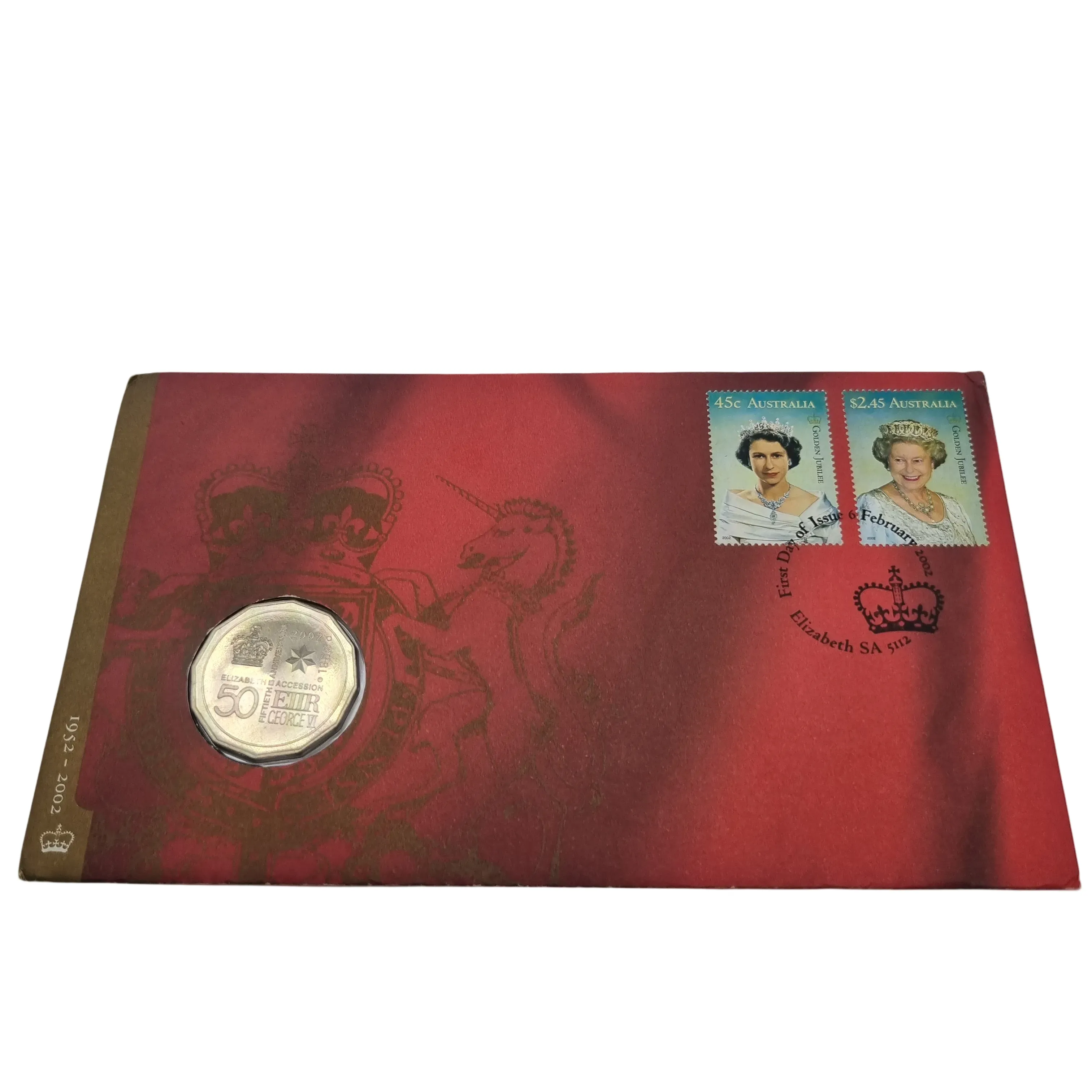2002 Australia Golden Jubilee Queens Accession 50c Uncirculated Coin First Day Cover