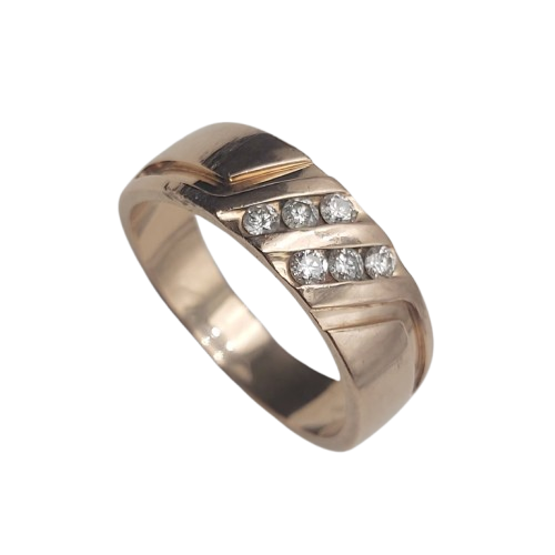 10ct Rose Gold Thick Band Ring – 5.9g – Size T½ – 8mm Wide – Set with 6 x 0.03ct Diamonds