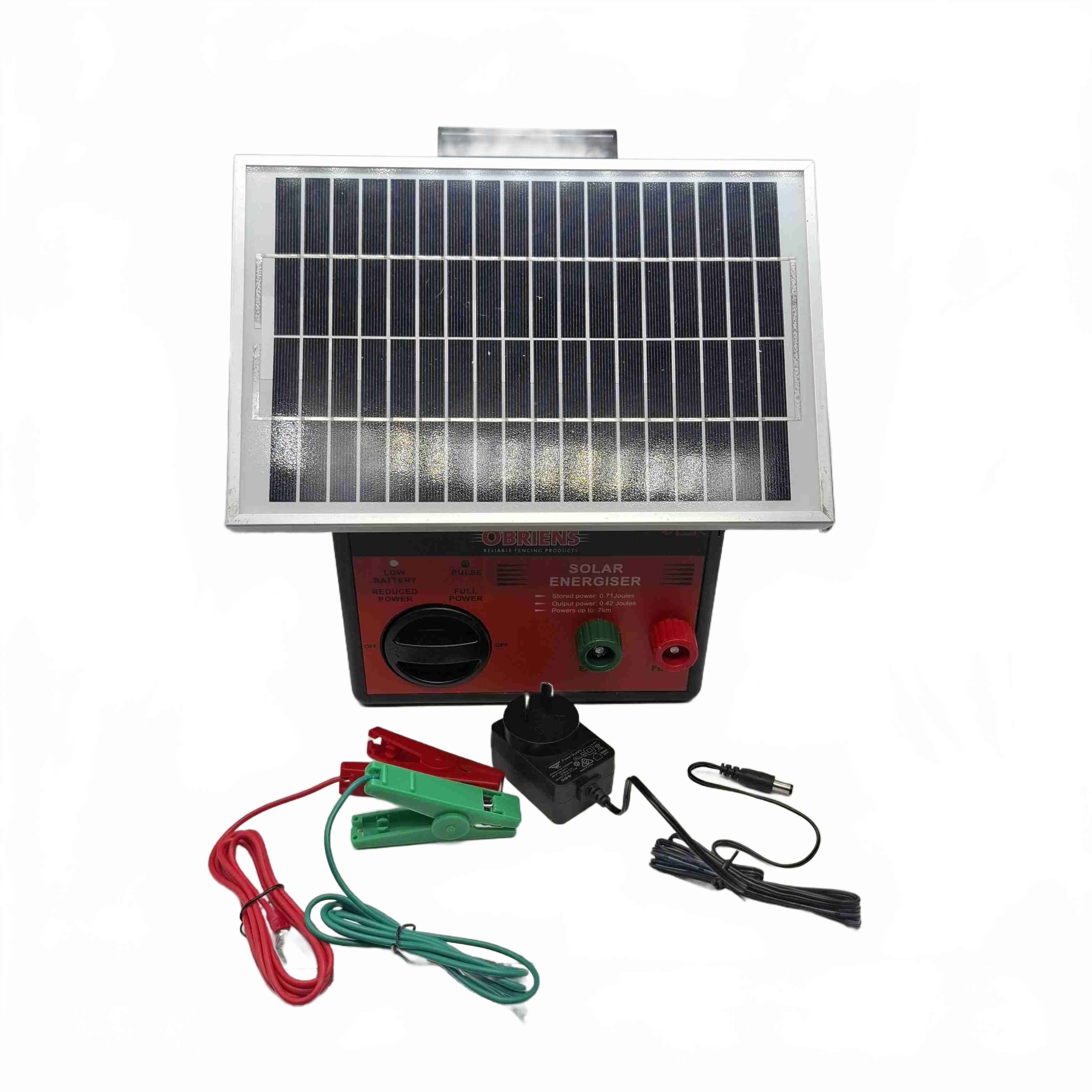 O’Briens 420 Self Contained Solar Energiser 7km In Box + Power + Clamps + Manual (1435429)
