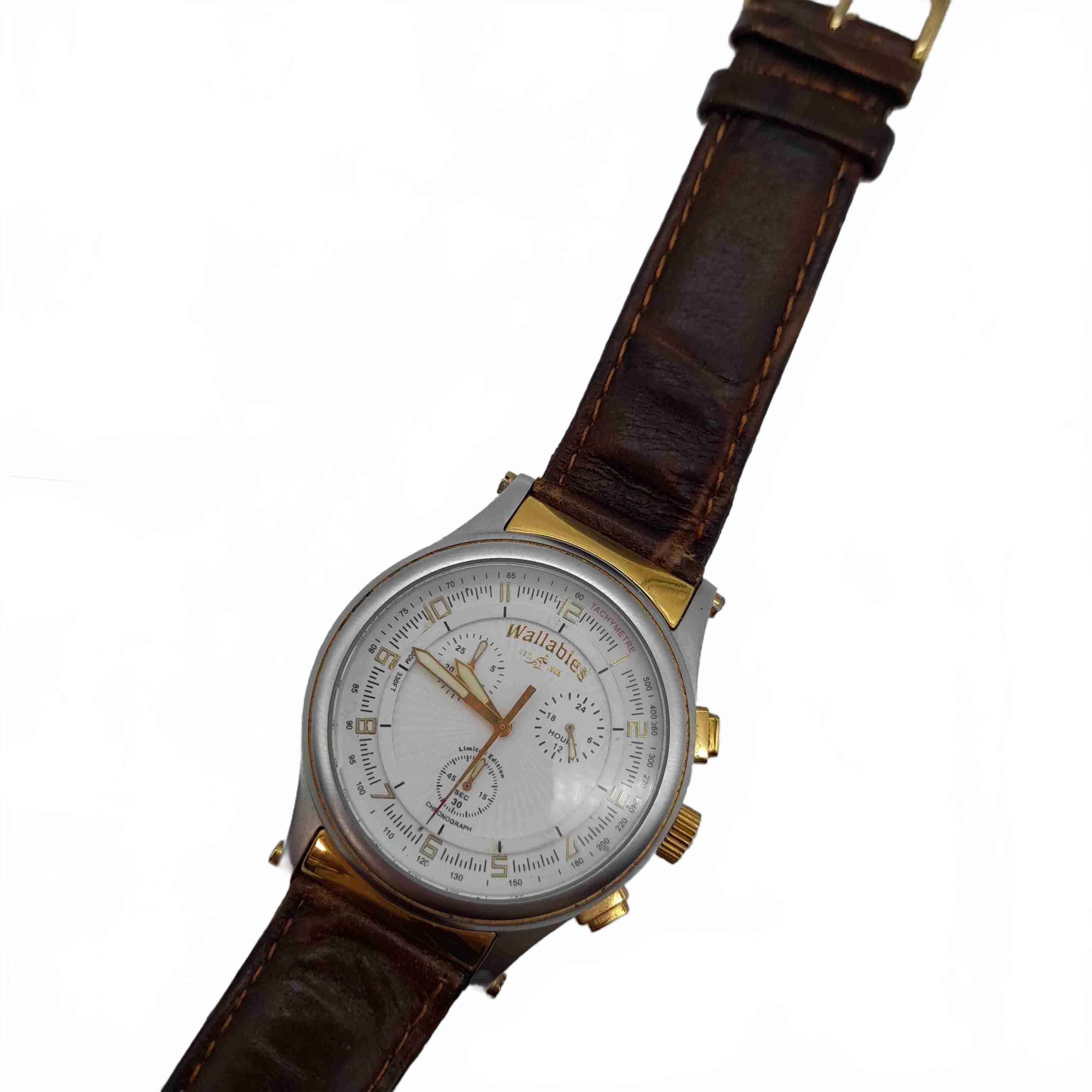 Wallabies Watch 213/250 Men’s White Gold Silver Brown Leather Band Analogue (WL 1433356)