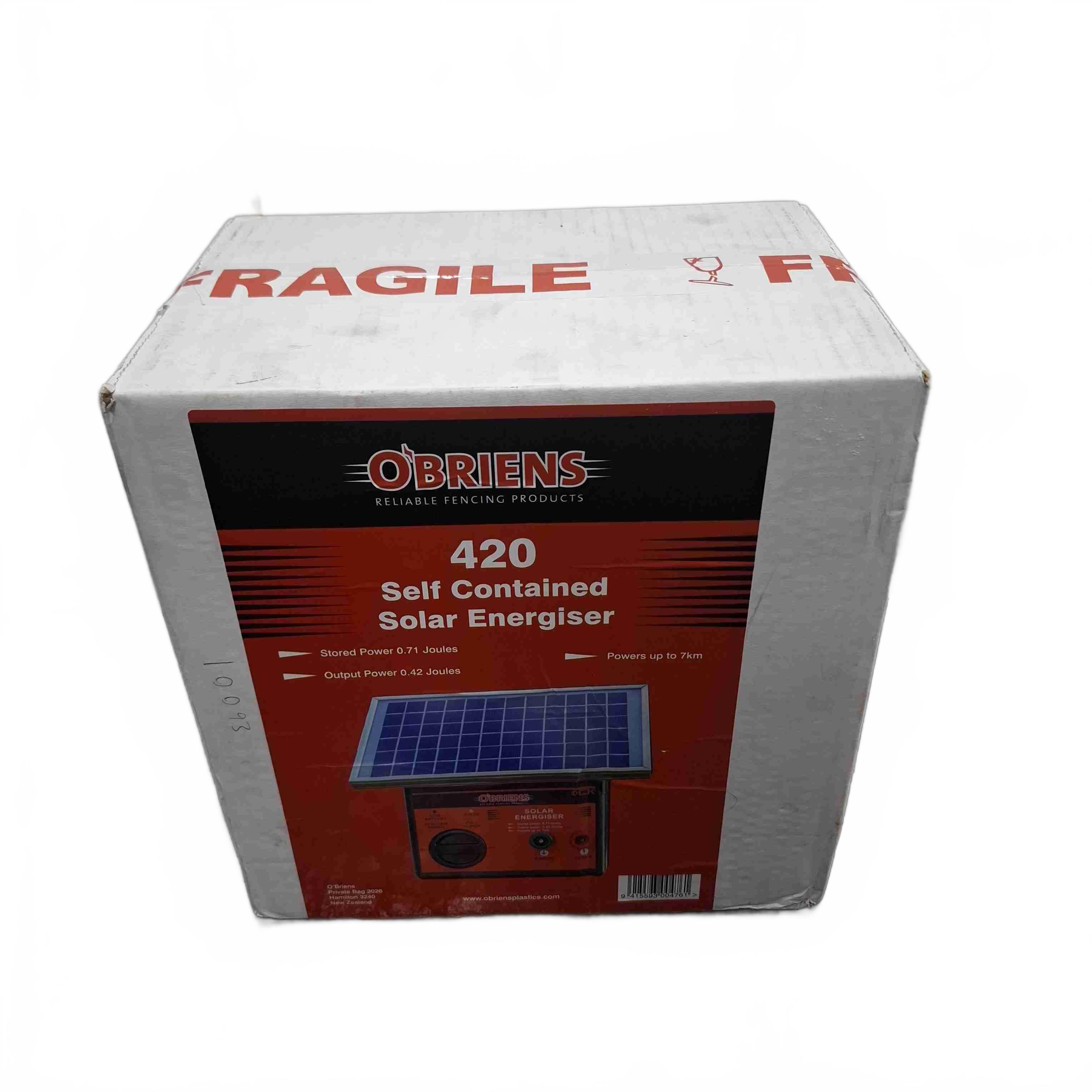 O’Briens 420 Self Contained Solar Energiser 7km In Box + Power + Clamps + Manual (1435429)