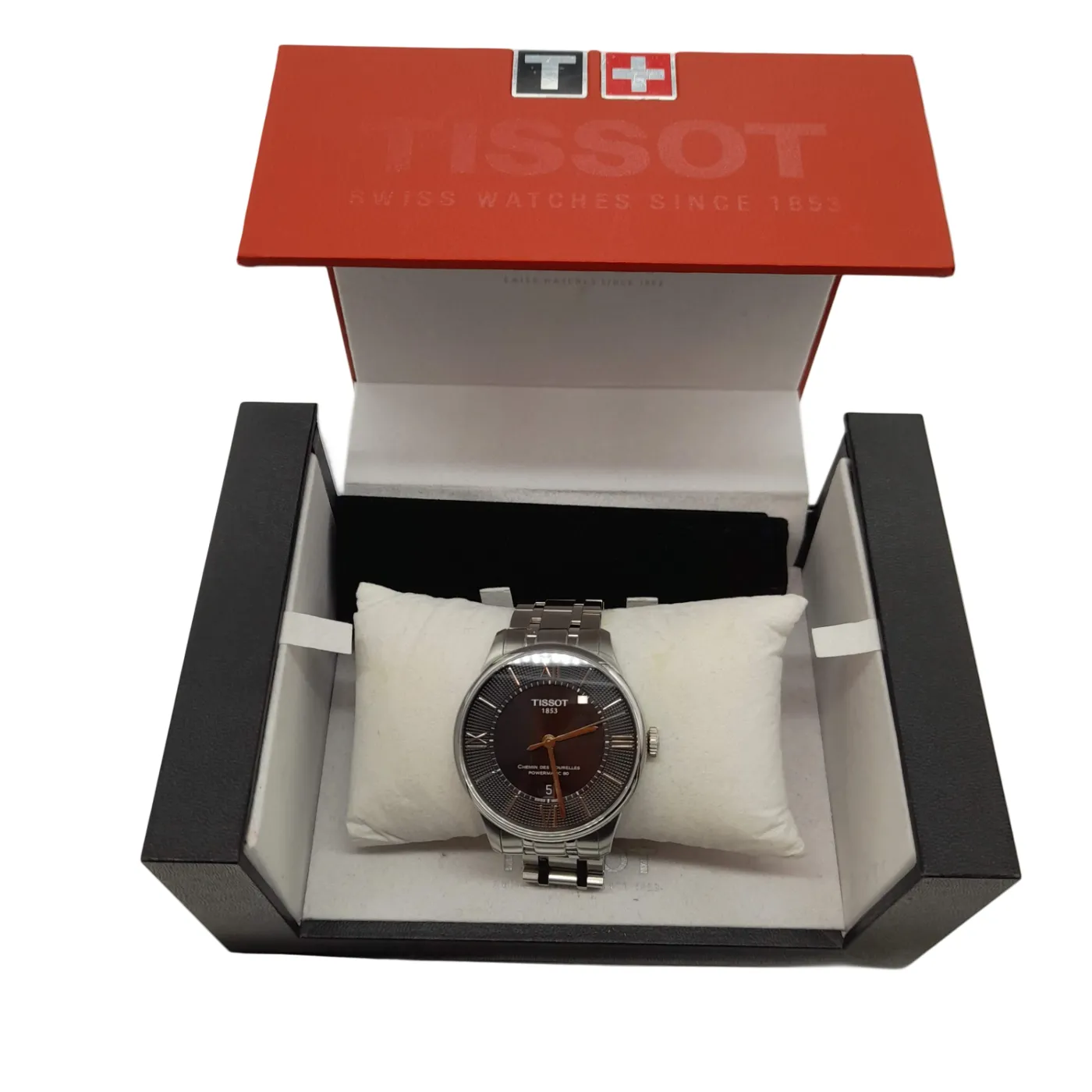 Mens Black Tissot Chemin Des Tourelles Watch Silver Stainless Steel Band with Box  (WL 1353156)