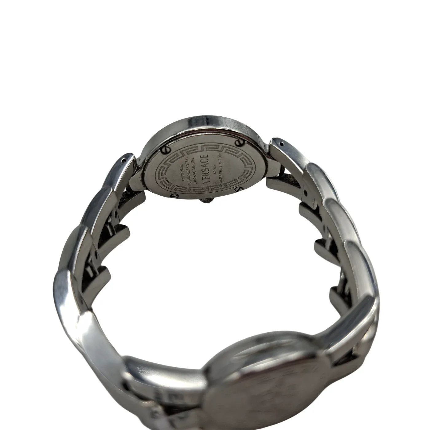 Ladies Silver Versace Watch 60Q99 Silver Stainless Steel Band Analogue Black Oval Face (WR)