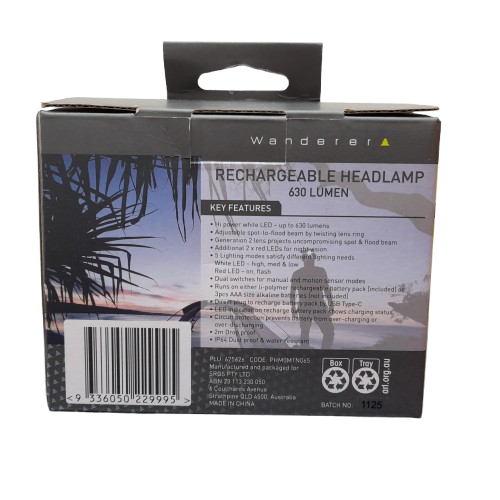 Wanderer Rechargeable Head Lamp 630 Lumens Black PHM0M1N065 (MR)