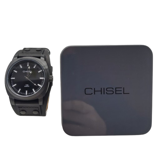Mens Black Leather Chisel Watch With Box (WR-1347360)