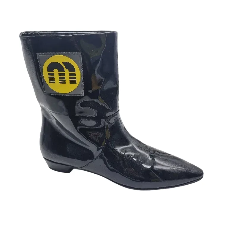 MIU MIU Black Patent Leather Yellow Logo Appliqué Boots Made In Italy (Size: 41) + Dust Bag