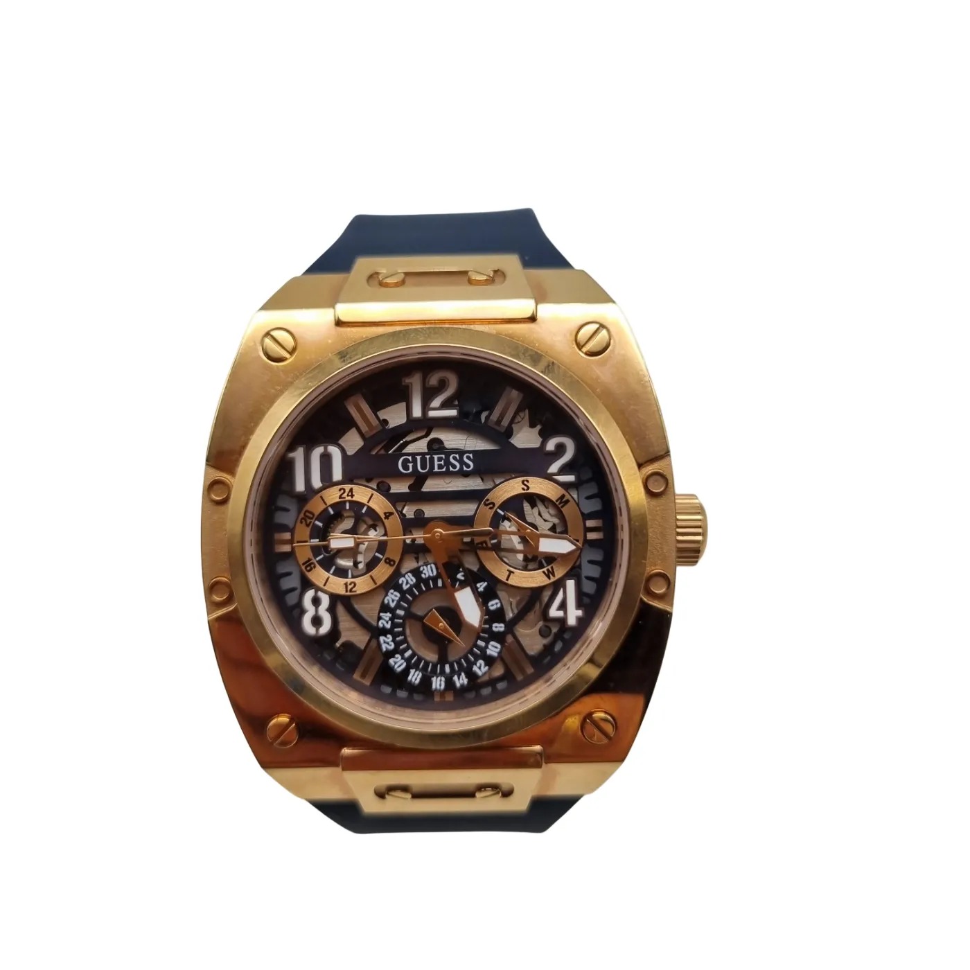 GUESS Men’s Gold and Blue Multifunction Watch with Blue Rubber Band (WR 1369775)