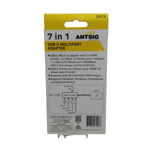 Antsig AP542B 7-In-1 USB-C Multiport Adaptor, Grey, Like New, Opened (WR)