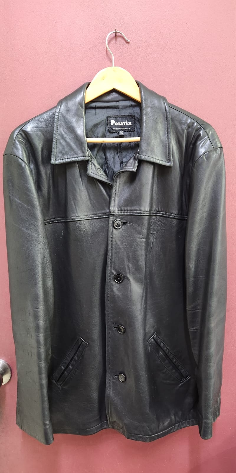POLITIX MENS LARGE NATURAL LEATHER BUTTON UP JACKET. HEAVY NATURAL SOFT LEATHER