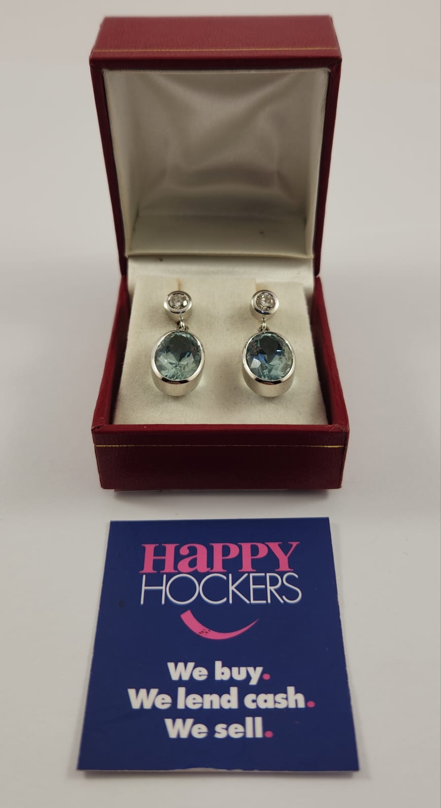 18CT WHITE GOLD EARRINGS SET WITH 2 NATURAL AQUAMARINE TOTALLING 8.90CT AND 2 DIAMONDS