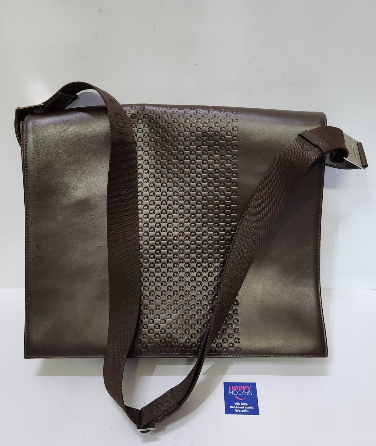 OMEGA CHOCOLATE BROWN LEATHER MESSENGER BAG. MADE IN ITALY