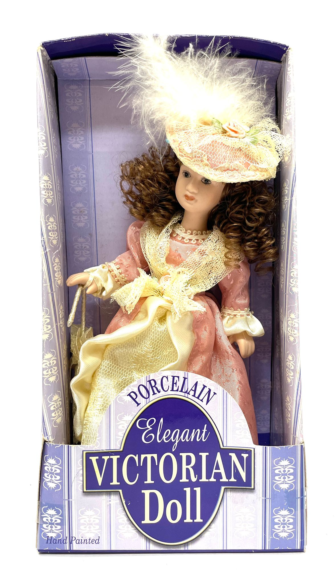 VINTAGE PORCELAIN ELEGANT VICTORIAN DOLL IN PINK AND CREAM DRESS HOLDING AN UMBRELLA