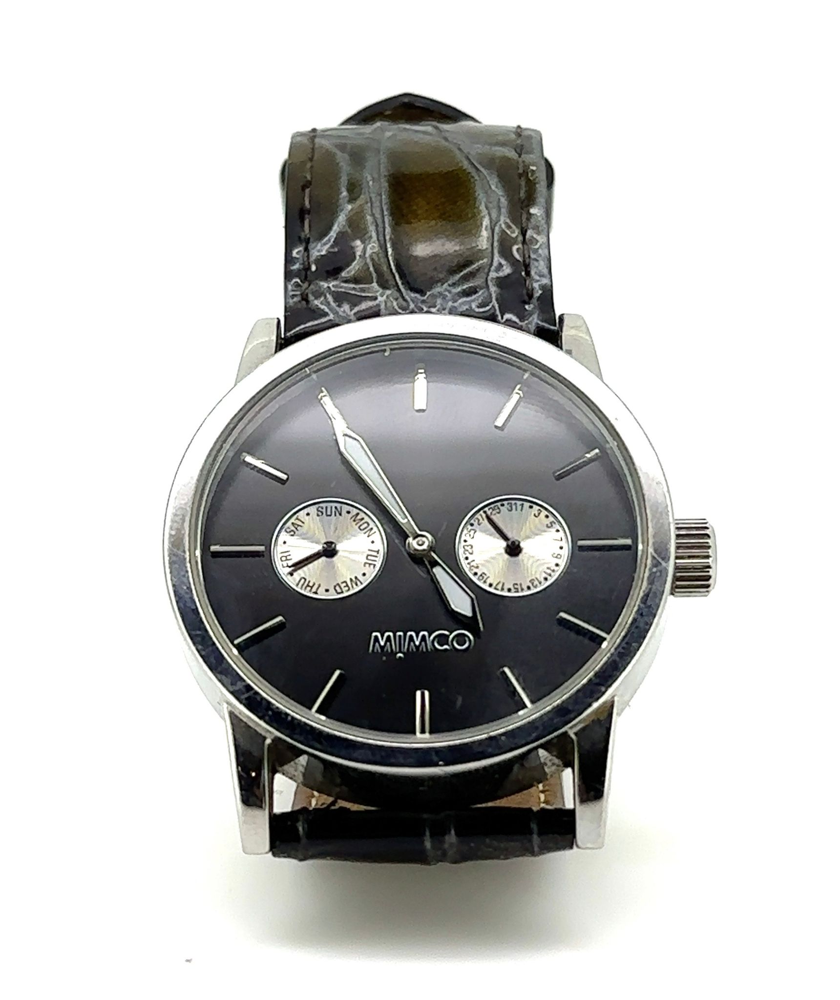 MIMCO QUARTZ WATCH ON BLUE PATON LEATHER BAND WITH A BLACK DIAL