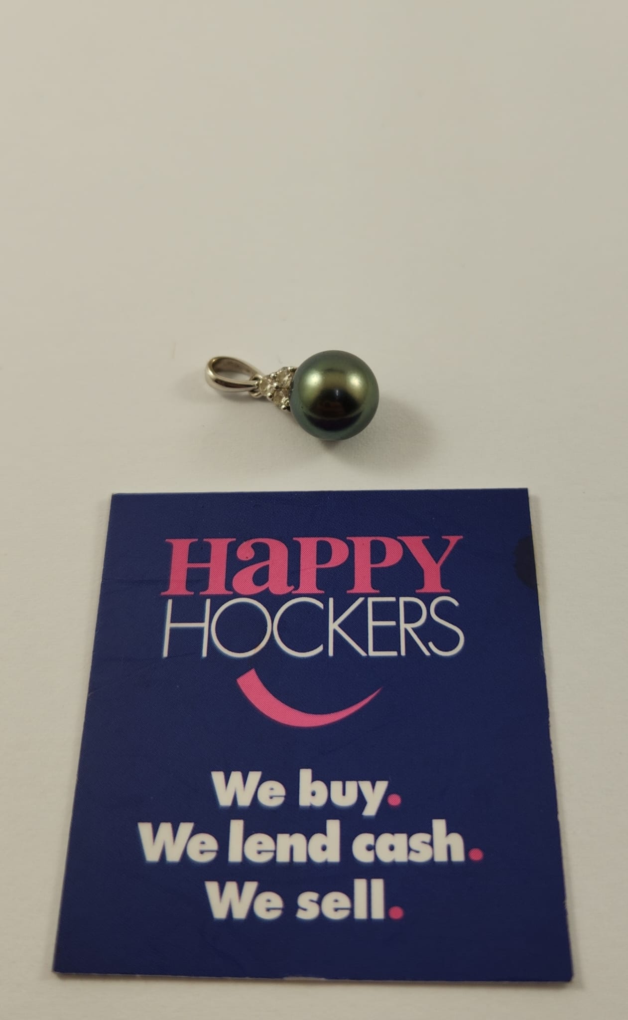 18CT WHITE GOLD PENDANT SET WITH 9MM TAHITIAN PEARL AND 3 X 0.02CT DIAMONDS
