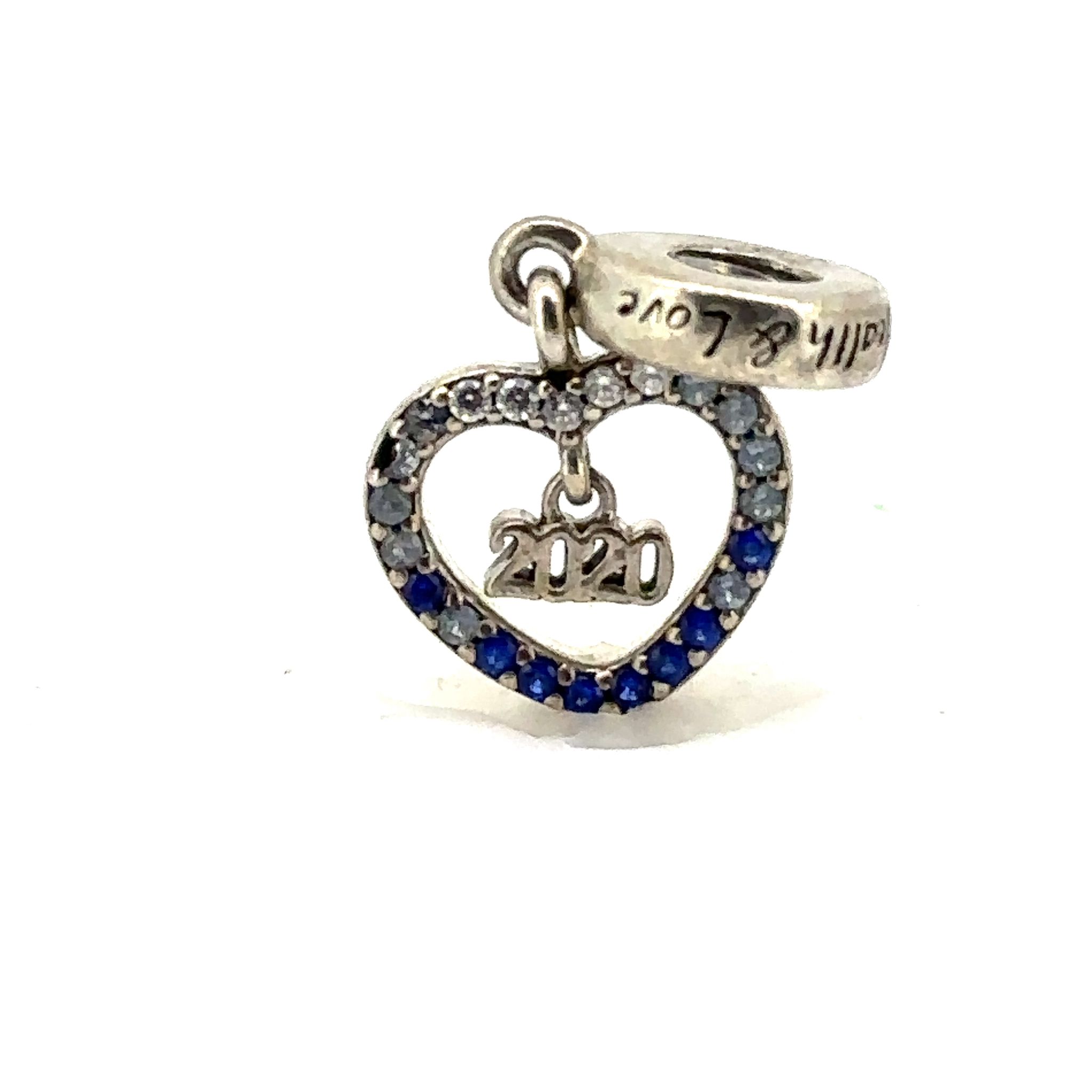 SILVER PANDORA HAPPINESS HEALTH & LOVE 2020 OPEN HEART DANGLE CHARM WITH BLUE CRYSTALS