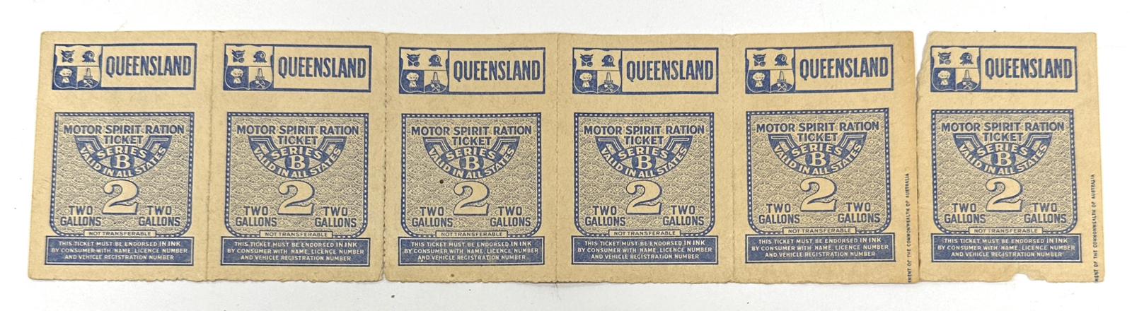 QUEENSLAND MOTOR SPIRIT RATION TICKET SET OF 6 2 GALLON CIRCA 1940S