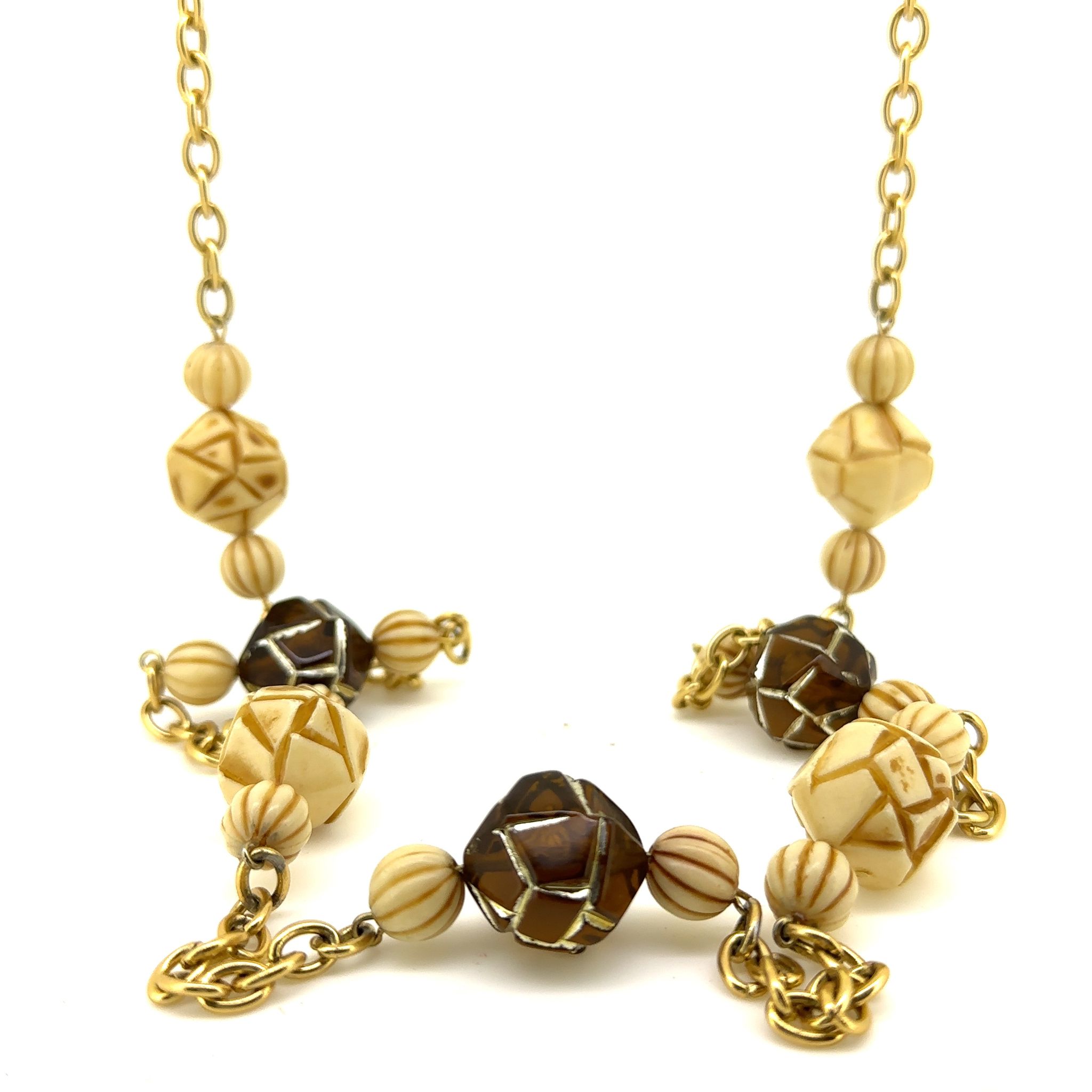 GOLD PLATED COSTUME NECKLACE WITH CREAM AND BROWN BEADS