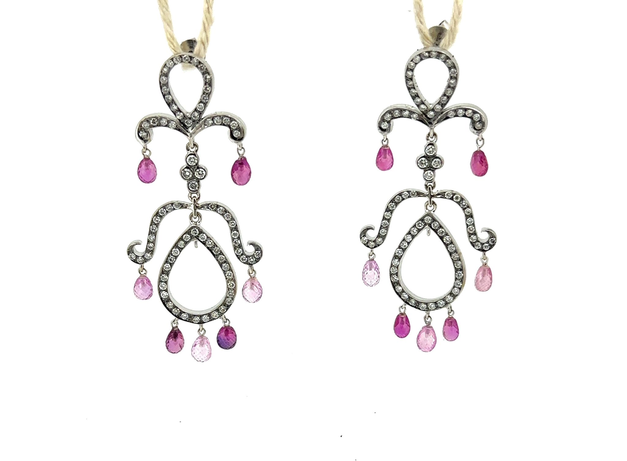 GORGEOUS 18CT WHITE GOLD FANCY DROP EARRINGS SET WITH 152 DIAMONDS RUBIES AND PINK SAPPHIRES