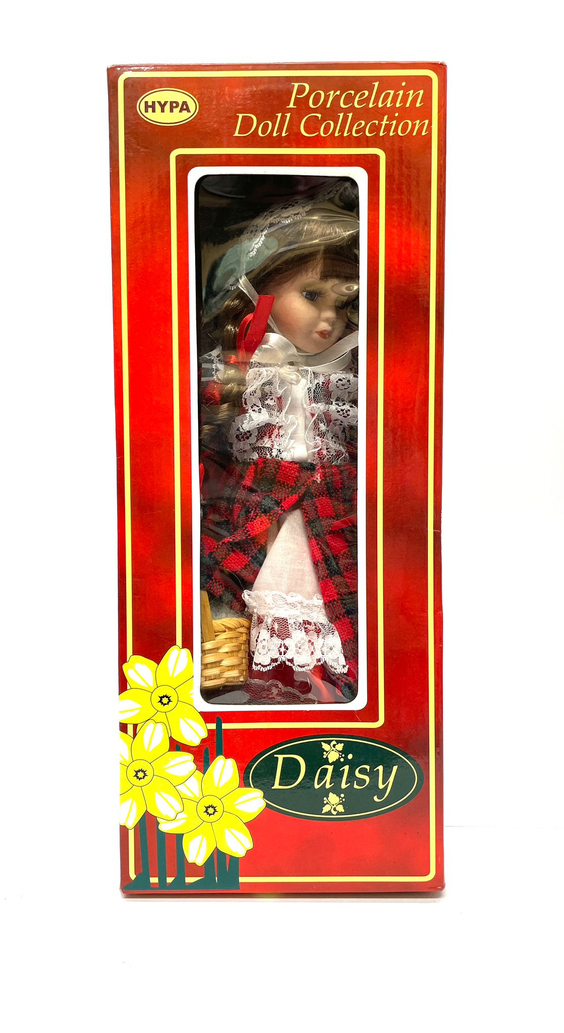 HYPA PORCELAIN DOLL DAISY IN A RED AND WHITE DRESS WITH A BASKET