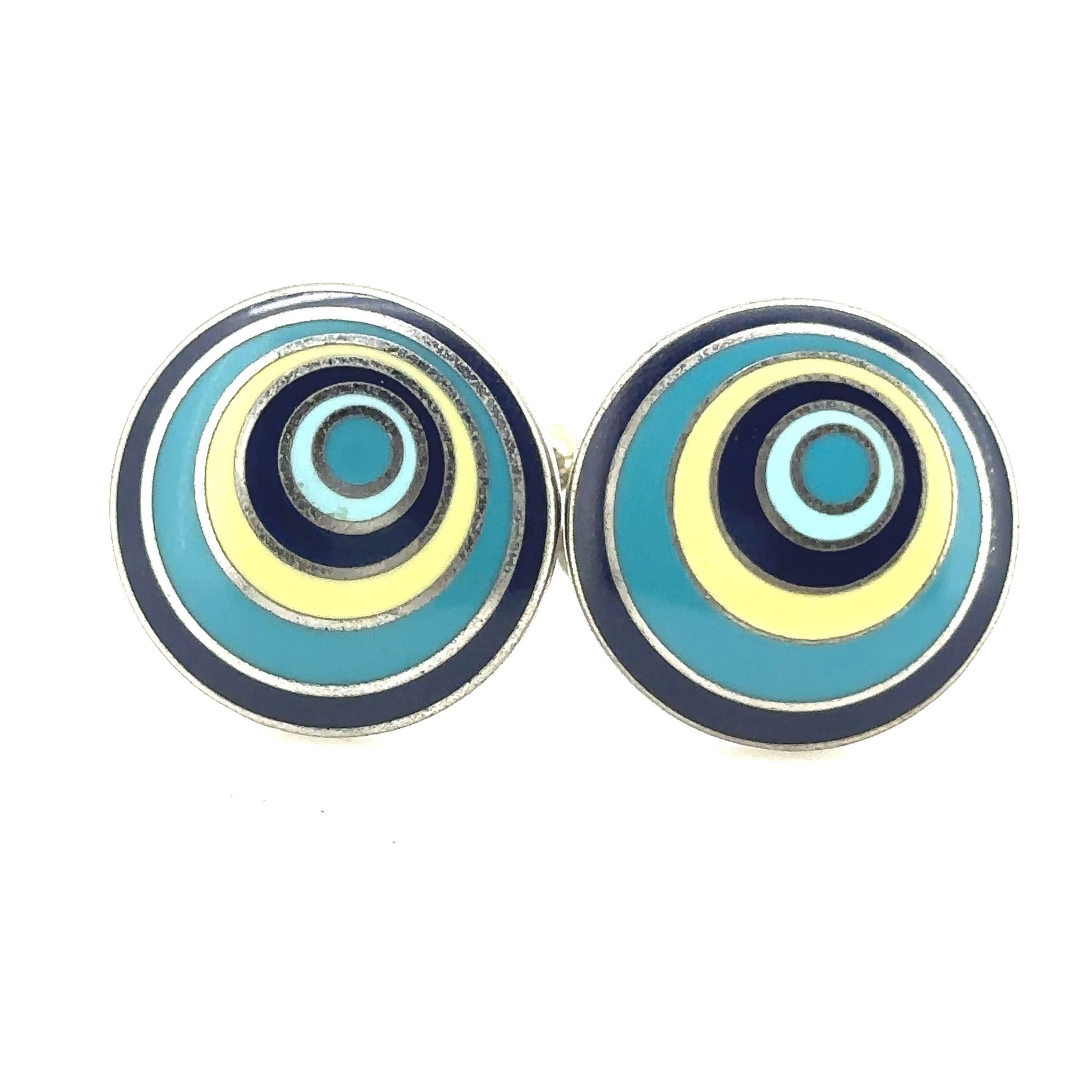 METAL CUFFLINKS WITH BLUE GREEN AND YELLOW CIRCLE DESIGN