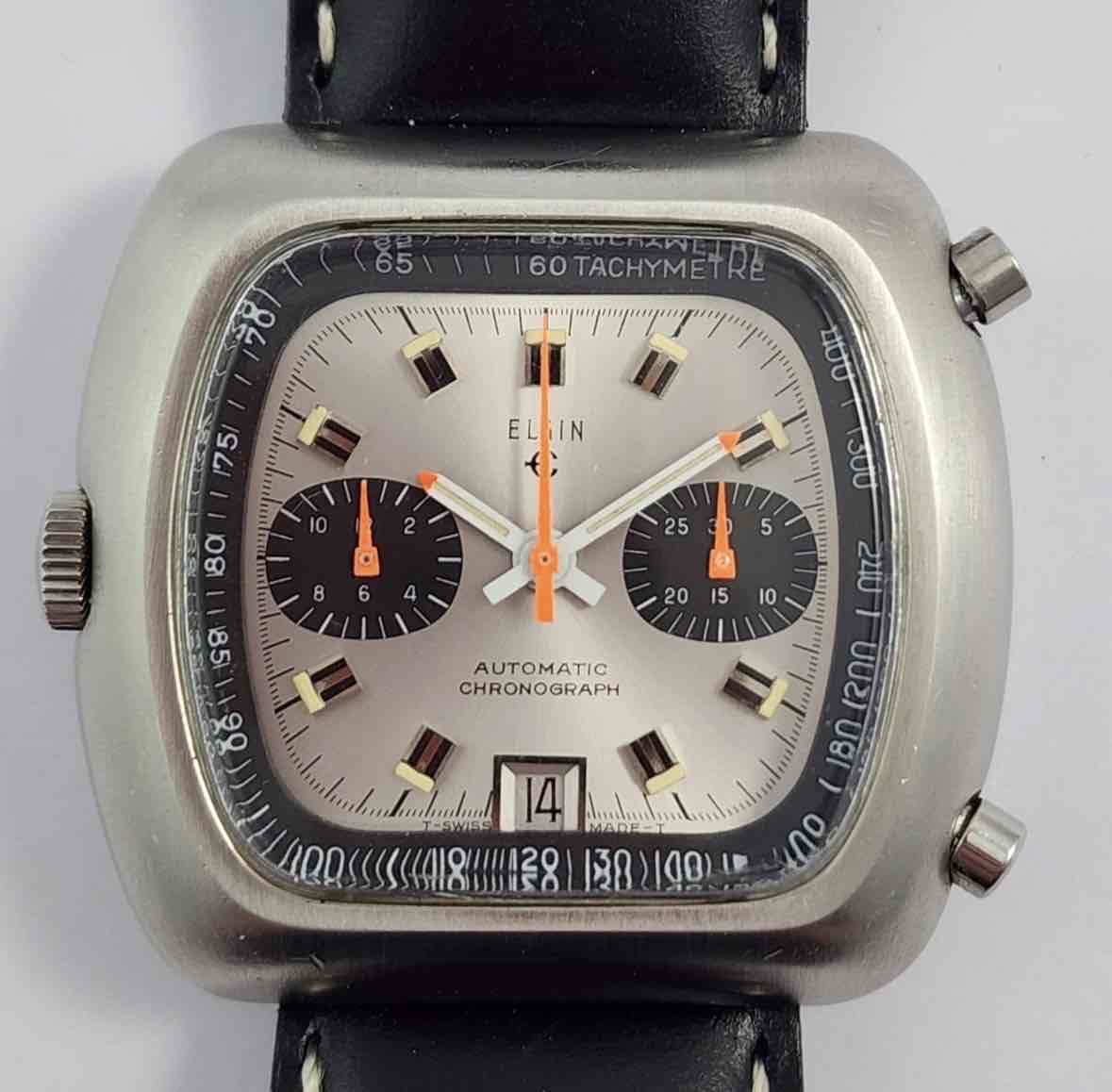ELGIN 366 CALIBRE HEUER 12. VINTAGE COLLECTABLE 1970S AUTOMATIC WATCH WITH A TV SCREEN DIAL