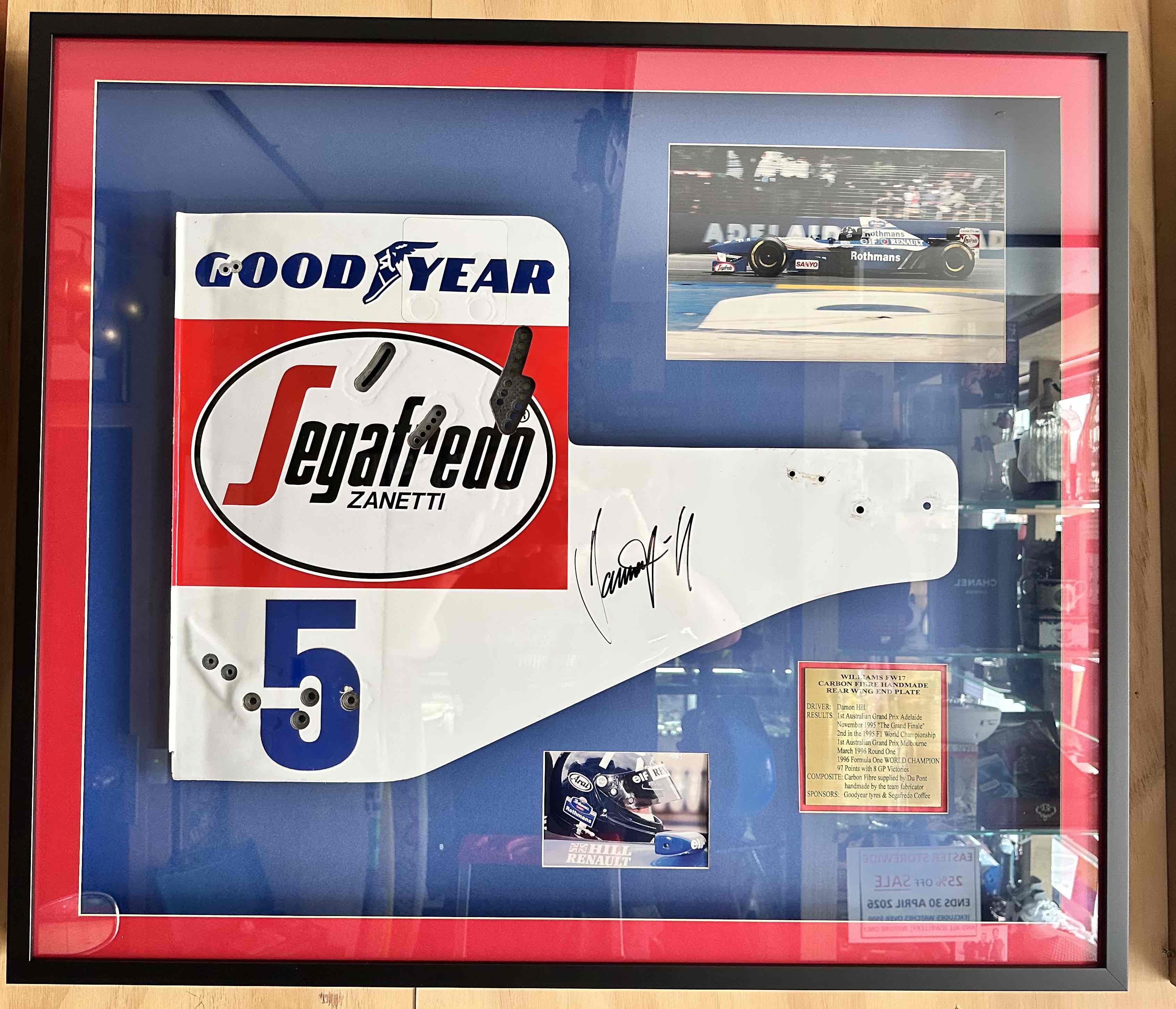 DAMON HILL SIGNED WILLIAMS F1 TEAM FW17 1995 END PLATE NUMBER 5