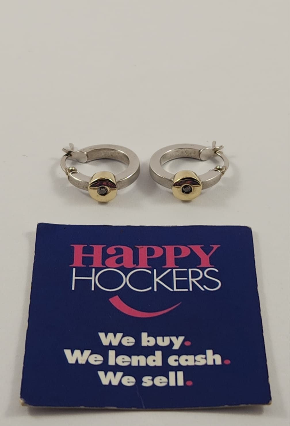 14CT WHITE AND YELLOW GOLD HOLLOW HOOP EARRINGS SET WITH 2 X 0.03CT DIAMONDS