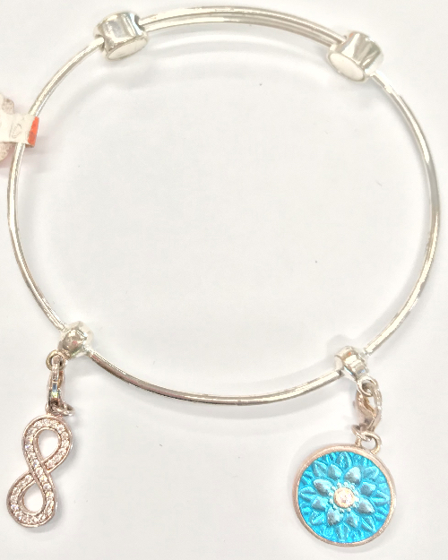 SILVER BANGLE WITH 1  FIGURE 8 CHARM WITH  CZ AND 1  BLUE  COLOUR CHARM