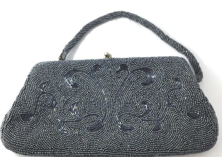 VINTAGE BEADED EVENING CLUTCH BAG GREY