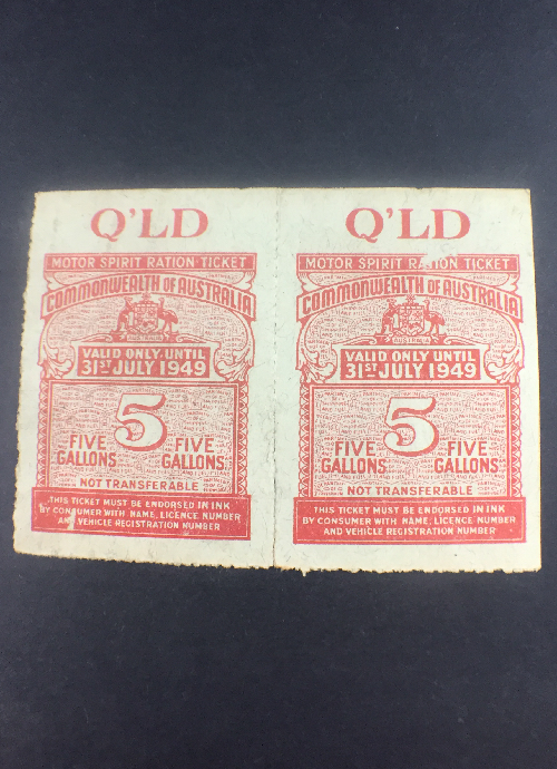 QUEENSLAND SET OF 2 5 GALLON QUEENSLAND MOTOR SPIRIT RATION TICKET CIRCA 1949