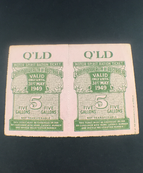QUEENSLAND SET OF 2 X 5 GALLON QUEENSLAND FUEL STAMP GREEN 5 GALLONS CIRCA 1949