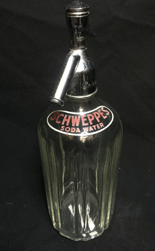 VINTAGE SCHWEPPES SODA SYPHON GLASS BOTTLE WITH RED LOGO