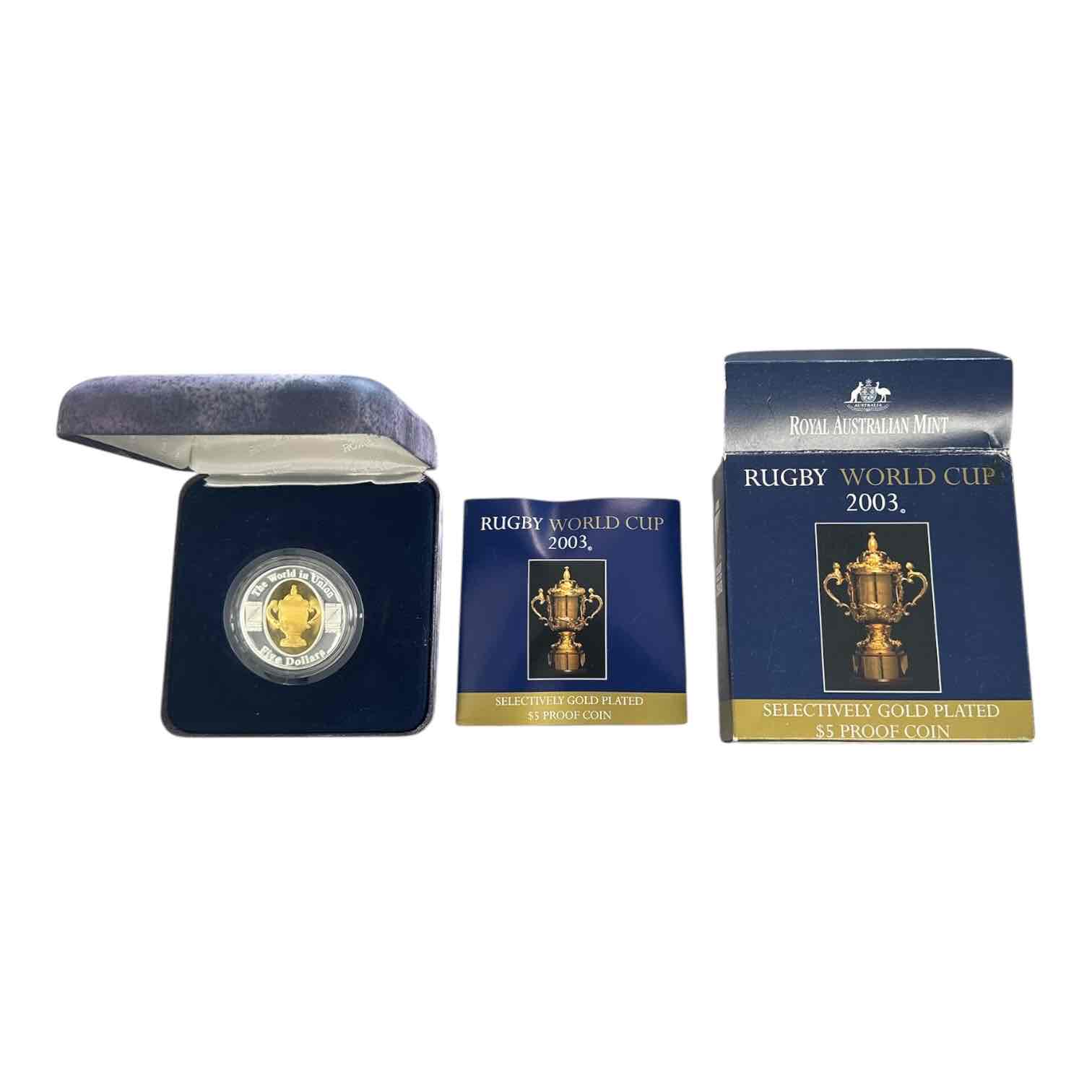 RAM 2003 RUGBY WORLD CUP $5 PROOF GOLD PLATED SILVER 1OZ COIN
