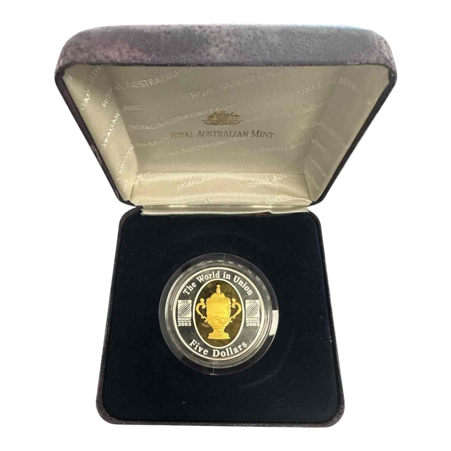 RAM 2003 RUGBY WORLD CUP $5 PROOF GOLD PLATED SILVER 1OZ COIN