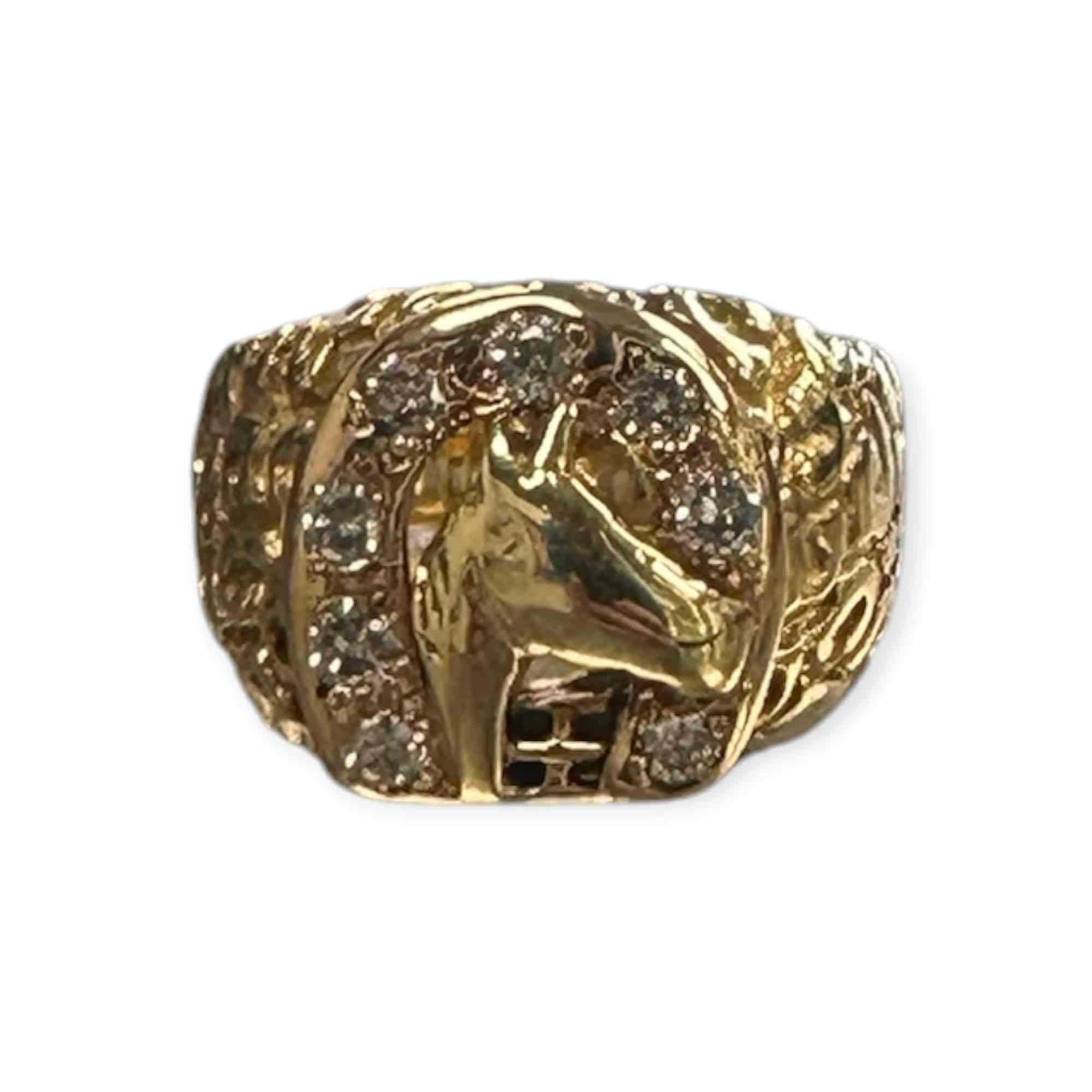 9CT YELLOW GOLD HORSE RING 9.6GMS TDW 0.50CTS