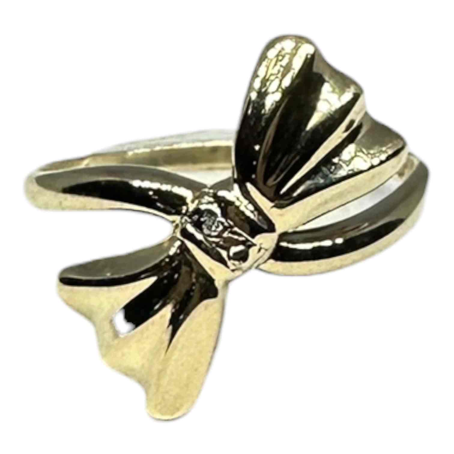 LADIES 9CT YELLOW GOLD BOW RING TDW 0.01CT